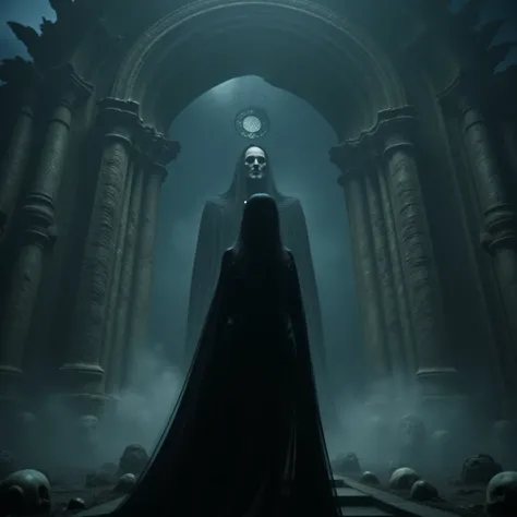 A man with a charming personality,Slim body type,Toned body,perfect body,Long black hair that reaches the ground,Gothic Costume,Gatekeeper of the Underworld,The underworld shrouded in eerie mist,Big Underworld Gate,Standing in front of the gates of the und...