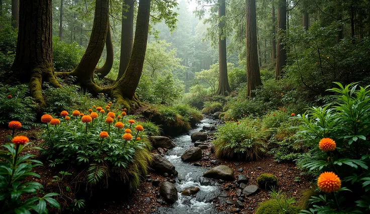 The forest floor is soft with a thick layer of fallen leaves, ferns, and decaying wood, creating a rich, earthy aroma. The undergrowth is a mix of small shrubs and delicate plants like rimu, kahikatea, and totara, while vivid flashes of color come from the...