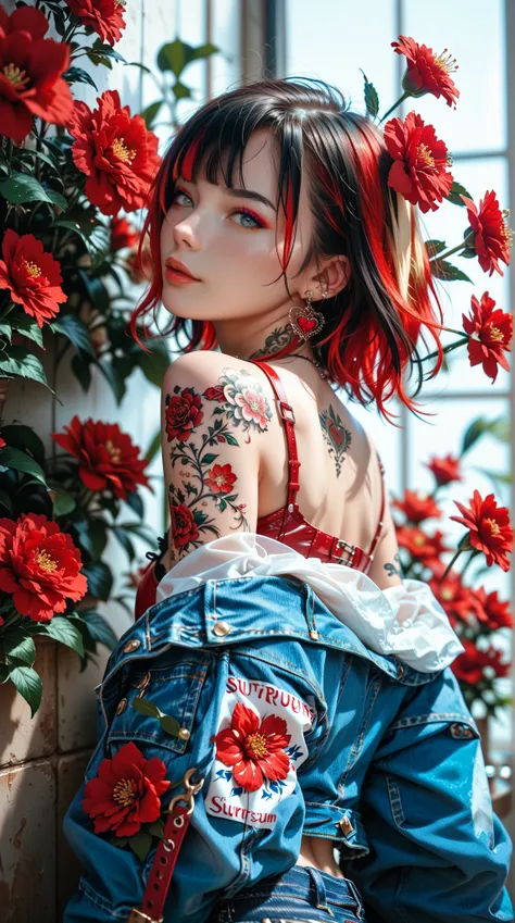  A detailed digital artwork ， A young woman with short and red hair， The top of the head cut into a layered design 。 Her back is decorated with intricate colorful tattoos ， including bright red flowers 。 She wears a slightly off-shoulder denim jacket ， rev...