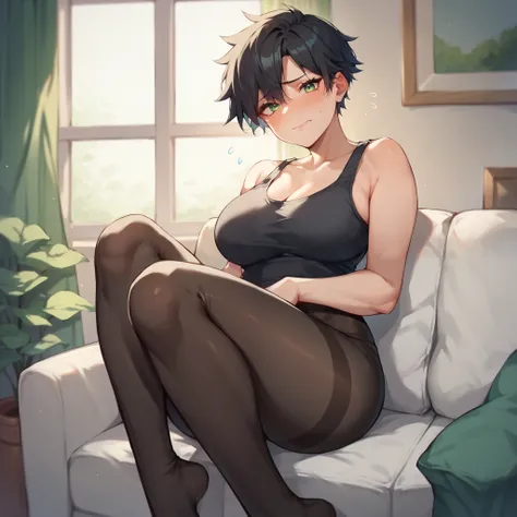 a mature tomboy with black hair and green eyes. she is wearing a black tank top and black leggings. she is sitting on a couch and looks nervous and blushing at you.