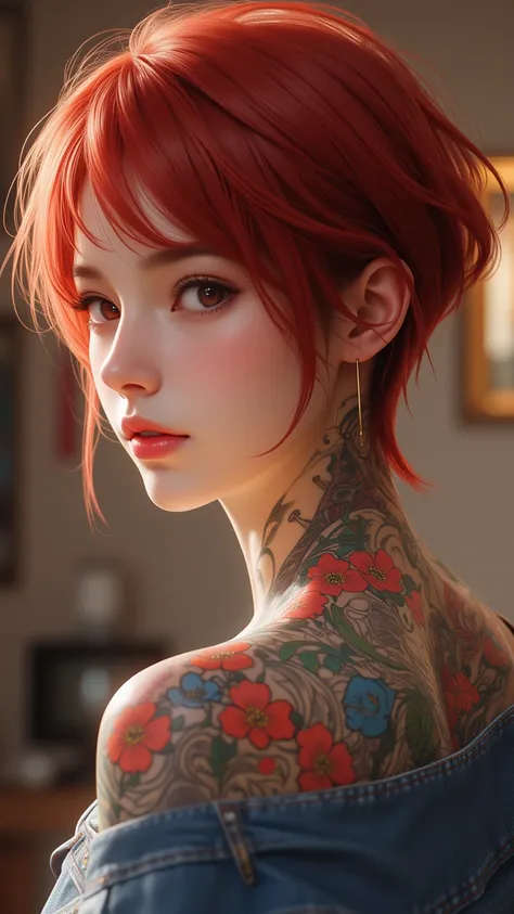  A detailed digital artwork ， A young woman with short and red hair， The top of the head cut into a layered design 。 Her back is decorated with intricate colorful tattoos ， including bright red flowers 。 She wears a slightly off-shoulder denim jacket ， rev...