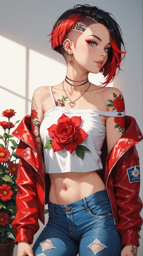  A detailed digital artwork ， A young woman with short and red hair， The top of the head cut into a layered design 。 Her back is decorated with intricate colorful tattoos ， including bright red flowers 。 She wears a slightly off-shoulder denim jacket ， rev...