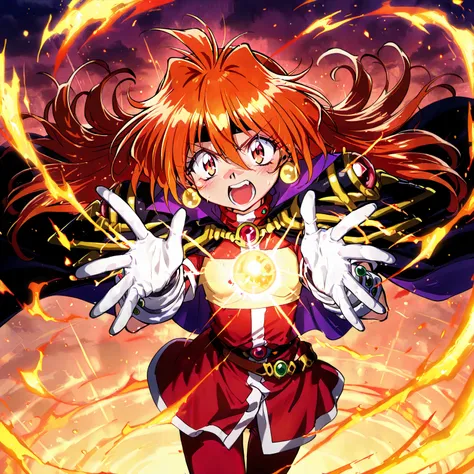 high angle shot,A  very detailed and  Hi-Res image of "Lina Inverse" [Looks like she's ready to receive ]; reaching hand,「{{{ Both hands raised in front of the chest are facing outward as a defensive gesture、It's a pose showing defense, rejection 、or decli...