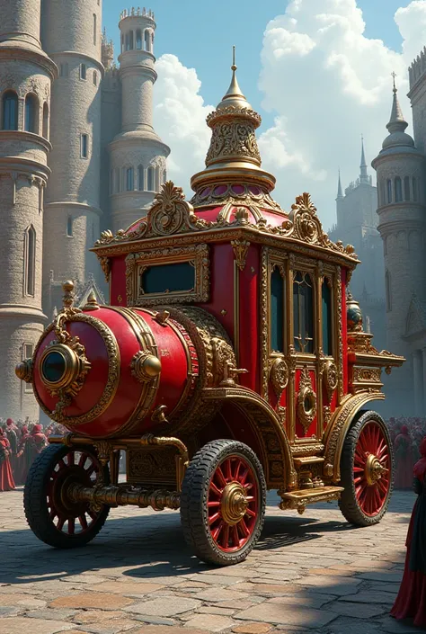 Create final fantasy style: a very wide red steampunk carriage with gold details in a medieval city 