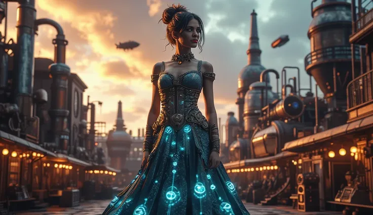 A steampunk-utopian woman in a long dress with a metal corset and glowing blue panels, standing in an industrial city with Victorian buildings, steam-powered machines, and airships in the background. Cinematic lighting, dramatic pose, warm and cool color c...