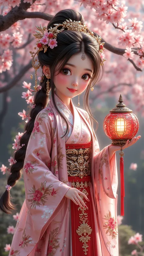  An elegant cartoon character wearing traditional Chinese costume， decorated with exquisite embroidery and delicate silk ， right hand holding a glowing Chinese lantern 。 The background is a serene garden ，Full of cherry blossoms 。