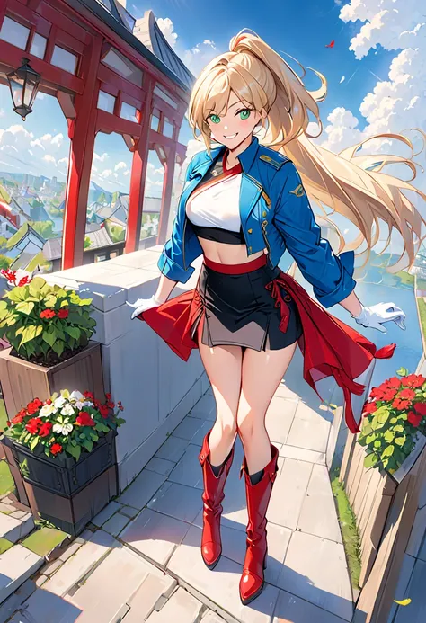  sexy, Mason, return,  smiles,   long blond hair and green eyes, black crop top,  top,  jacket,  blue pencil skirt,  red boots, white gloves,  high heel boots