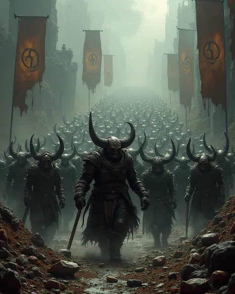 Hundreds legions disciplined army of primeval demons marching through the ruins of conquered world