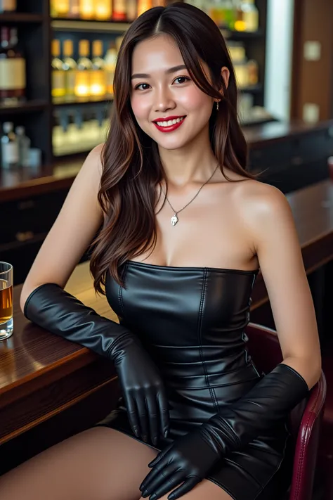 A beautiful young woman.
She is wearing a dress made of a string of black leather belts and is sitting on a bar stool with a glass, smiling peacefully.
Long leather gloves, silver necklace.
Beautiful skin like white porcelain, well-defined face, bright red...