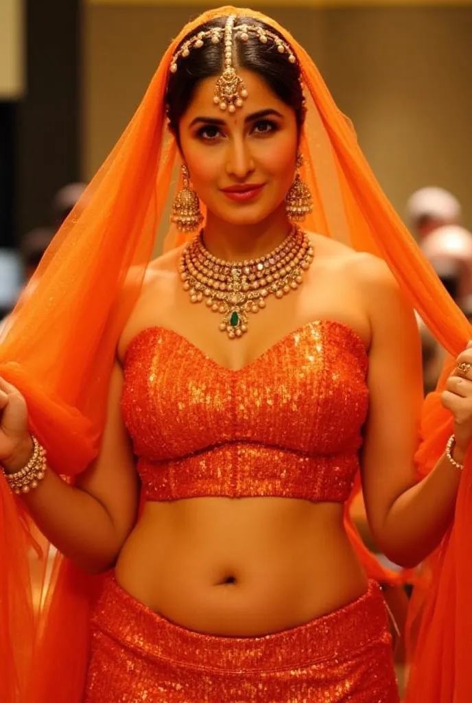 (masterpiece, best quality:1.2), She wears a deep orange lehenga, the gold zari work catching the firelight as she walks. Her sheer gold veil barely covers her sculpted waistline, leaving her perfect navel and toned stomach on full display. A grand multi-s...