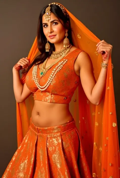 (masterpiece, best quality:1.2), She wears a deep orange lehenga, the gold zari work catching the firelight as she walks. Her sheer gold veil barely covers her sculpted waistline, leaving her perfect navel and toned stomach on full display. A grand multi-s...