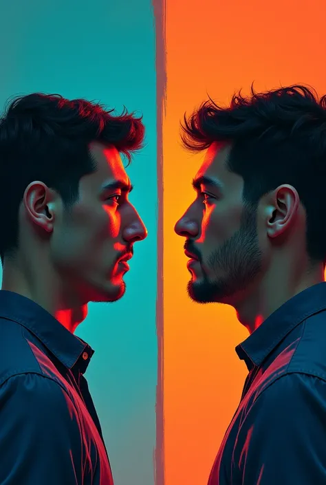 Man looking at a mirror that one reflection is sad and the other reflection happy ,Make the image a color poster style 