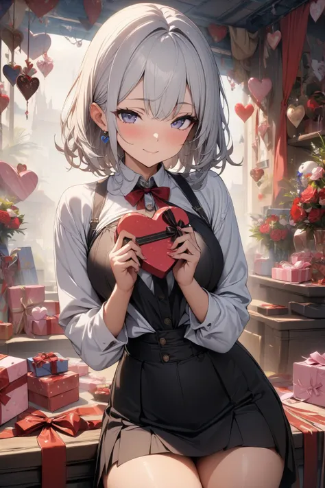 1 girl,sexy,valentine,holding chocolate gift box,Heart,(((masterpiece))), light smile,many decorations, high quality, high quality, extremely detailed, 8k