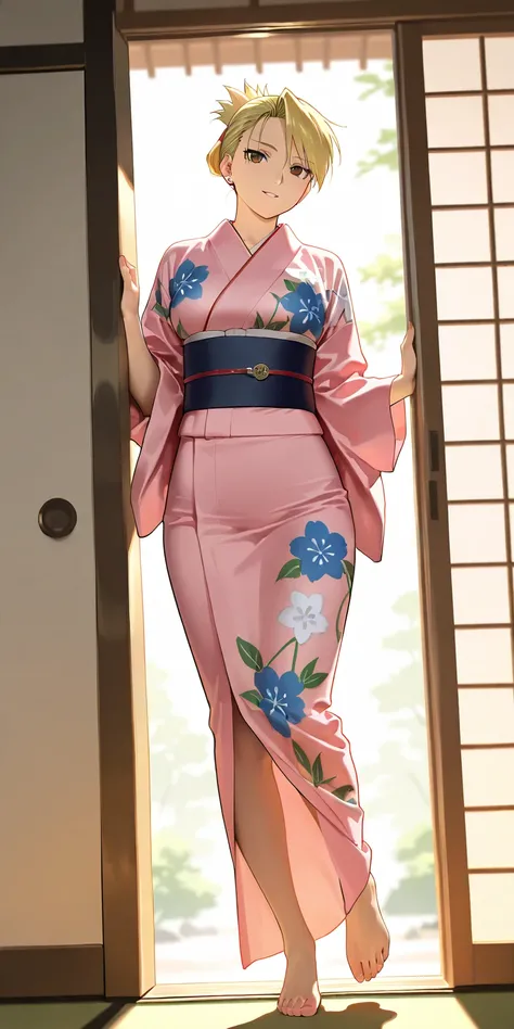 Masterpiece, elegant mature woman, riza hawkeye, long hair, updo hair, pins hair, tall body, pink shorts kimono (blue floral motif), naked underneath, bare foot, full body, parted lips, smile, dynamic lighting, ultra detailed, highres, absurdres, japanese ...