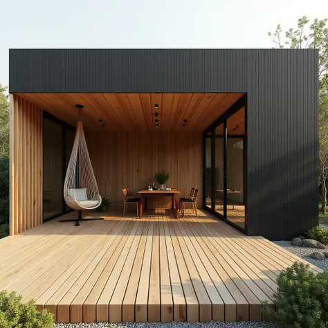 Designing a sustainable house made of wood and black aluminum, protected on the outside by wooden slats treated with the Japanese Yakisugi technique, where you can clearly see the texture of burnt wood .  The house has a large open terrace made of natural ...