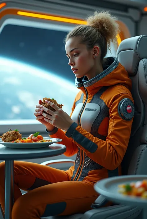 Astronalta eating food on a spaceship