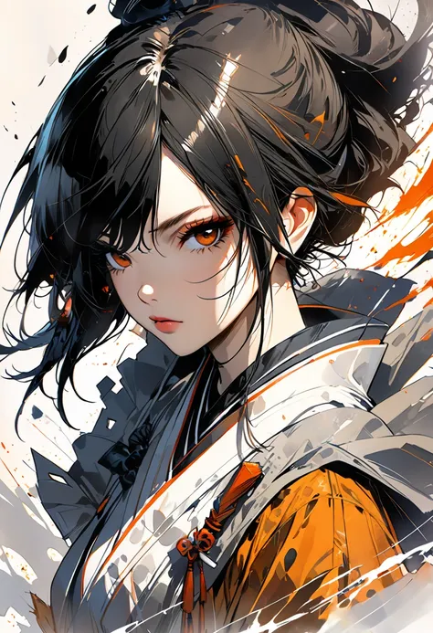 MeiyuCipher One girl&#39;s face portrait、 Orange Spike Aura Moving, Damaged Chinese clothing, Floating parts ,  Popular on Artstation ,  sharp concentration,  complicated details,  High Precision,  detailed face (  ink and watercolor, Brush strokes, by Rus...