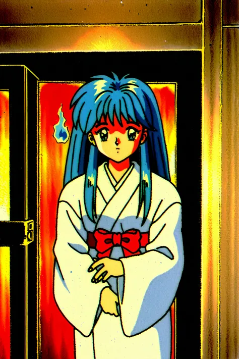 Okinawa ,  1girl ,  alone , long hair,  Blue Eyes ,  Long Sleeve,  Blue hair ,  Side Chain,  kimono, wide sleeves,  kimono, 【ghost, white  kimono, Hitodama, blue flame, indoor, 【Room, retro style, [1990s \(style\),  stands, red dress, Red Belt Tie ,  Red B...