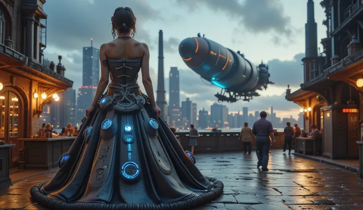 A steampunk-utopian woman in a long dress with a metal corset and glowing blue panels, standing in an industrial city with Victorian buildings, steam-powered machines, and airships in the background. Cinematic lighting, dramatic pose, warm and cool color c...