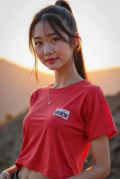  3d 8k photo taken with high quality camera, The sun at noon,Very bright, Asian girl with round face , Age 25 years,  seductive smile,  sexy in various poses ,  Exciting action , Outdoor on the mountain, Standing among the cannabis trees  ,  Wear a small, ...