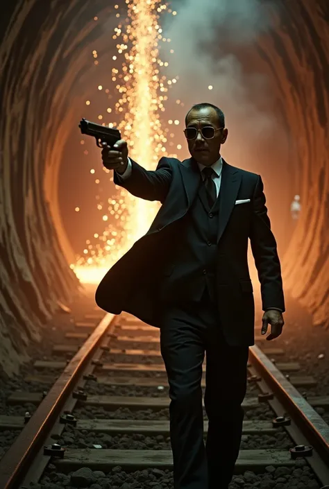 A sports-cutting detective in a suit is threatening fugitives by holding a handgun at a Japanese railway tunnel construction site where sparks pour like a waterfall from the ceiling、movie、movieスタイル、Ariflex color and resolution 、's greatest masterpiece、