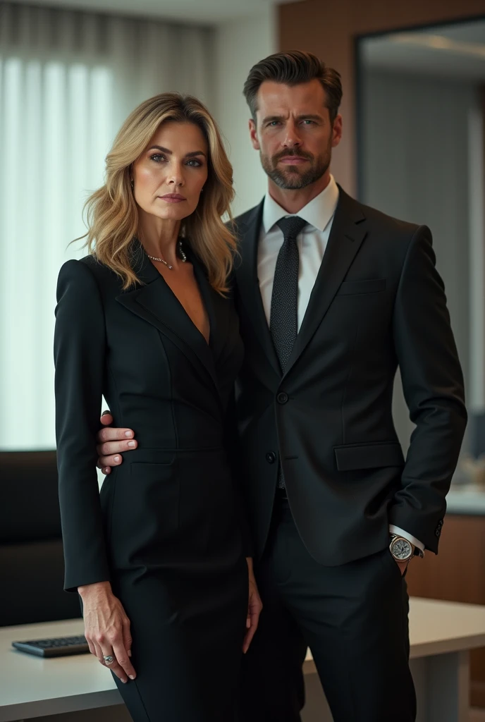 a portrait photo. Woman in her late 40s, wearing extreme tight dress. A man in his 20s, very tall and dominant.office. Both facing camera