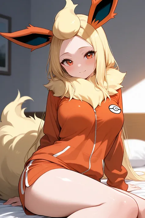 Flareon pokemon as an adult female, cute, masterpiece, shiny quality, medium breasts,