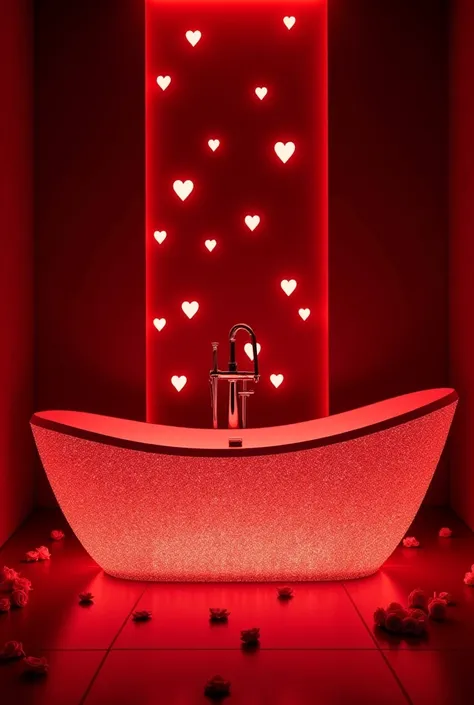 Luxurious intimate exterior diamond tub in luxurious space, hyper realistic, super charming, dim lighting, HD, a little roses in and around, wide majestic image, red ambiance, romantic, shining, glitter, glossy, rich ambiance, cozy ambiance, night time, li...