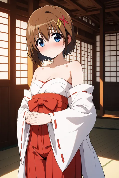 masterpiece,best quality,{{detailed beautiful face and eyes}}, very detailed background,
Hayate Yagami,{{{megami magazine}}},short hair,brown hair,hair ornament,x hair ornament,hair between eyes,blue eyes,small breasts,
(miko:1.1),{{red hakama}},hakama ski...