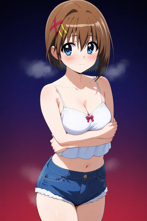 masterpiece,best quality,{{detailed beautiful face and eyes}}, very detailed background,
Hayate Yagami,{{{megami magazine}}},short hair,brown hair,hair ornament,x hair ornament,hair between eyes,blue eyes,small breasts,
camisole, bare shoulders, cleavage, ...