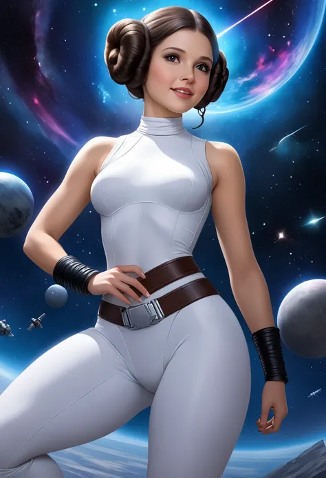 Hyper detailed and hyper realistic fantasy illustration of a sexy Princess Leia character from Star Wars. Slim and athletic, she has Princess Leia hair and bright black eyes with a confident smile with full black lips, wearing a tight white bodysuit. She i...