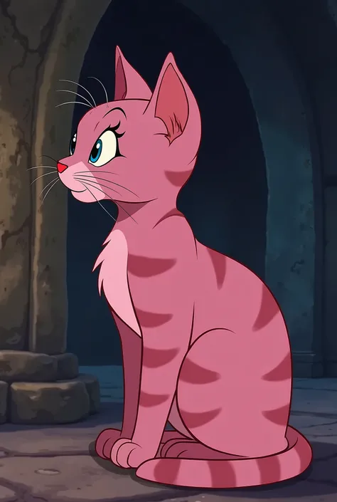  A photo of the cat from Alice in Wonderland the animated Disney version ,  the cat is called Chesire is pink but with darker lines of another shade of dark pink, I want the image to be of the cat but in profile  