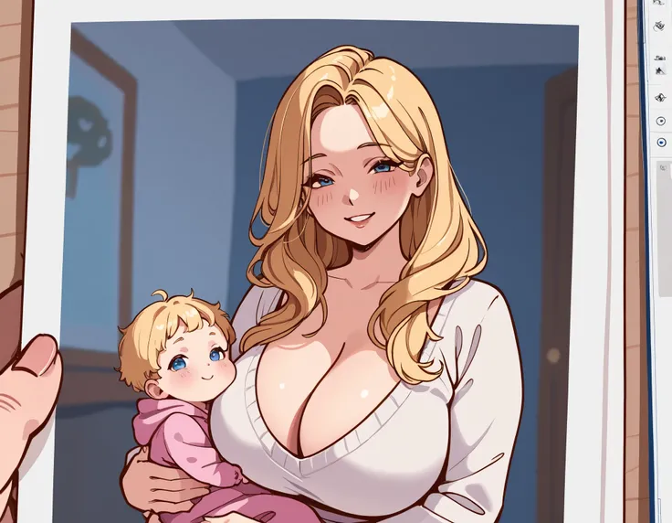 1girl, vollumptous, big breasts, long hair, blonde hair, middle parted long bangs, blue eyes, smiling, milf, sketch, holding blonde baby, family photo