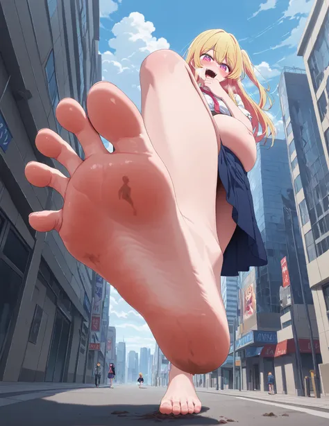 1 girl, oshi no ko, ruby hoshino, stepping, stepped on, pov, angle from above, no shoes, feet, looking down, toes, one foot out of frame, leg lift, foot focus, barefoot, standing on one leg, depth of field, outdoors,( foreshortening:1.2), facial blur, blur...