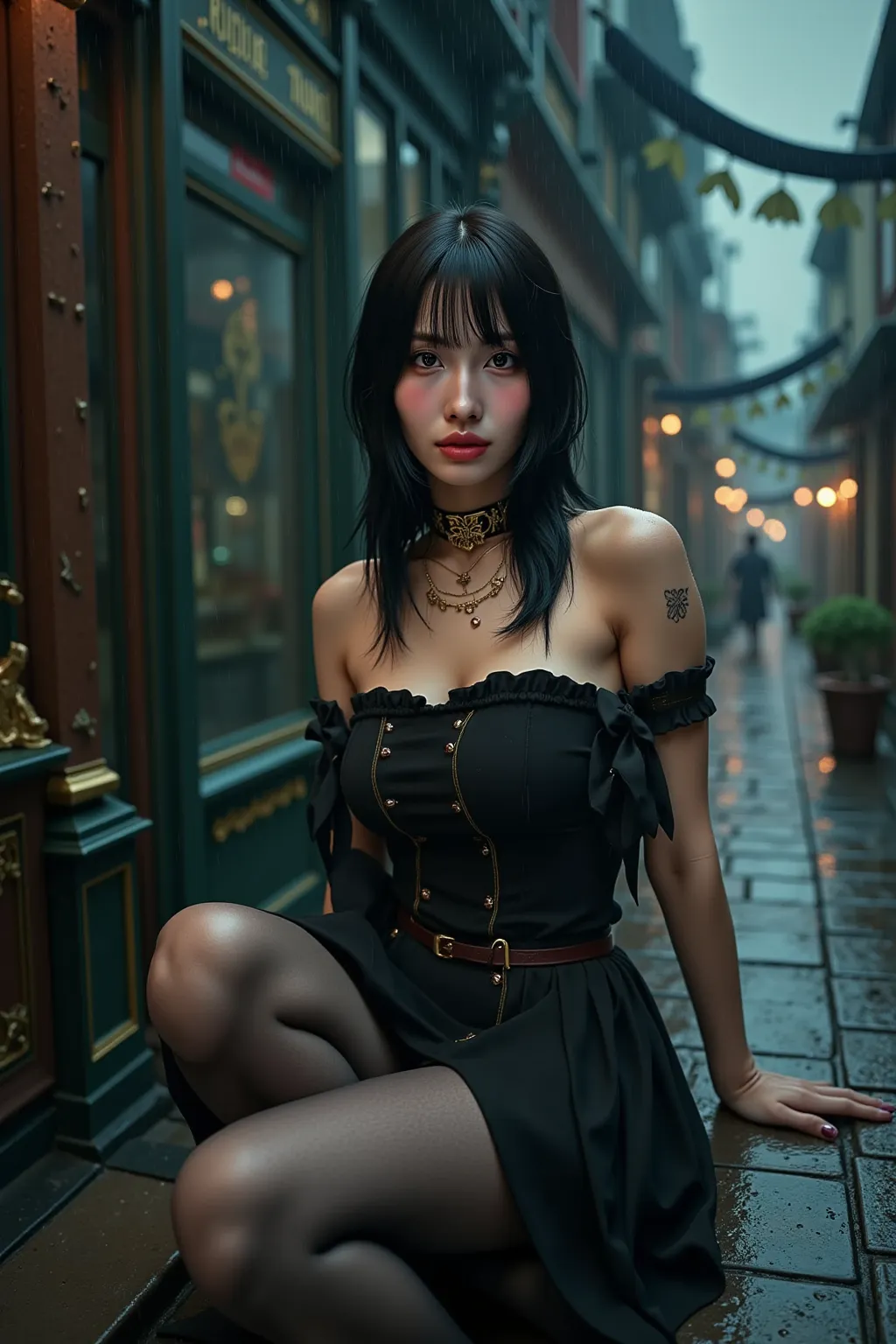 (RAW shooting, Photoreal:1.5, 8K, highest quality, masterpiece, ultra high resolution), perfect dynamic composition:1.2, Night street corner of a 18th century 
Gothic city, expression of sadness:0.5, (((Typhoon heavy rain))), Highly detailed skin and facia...