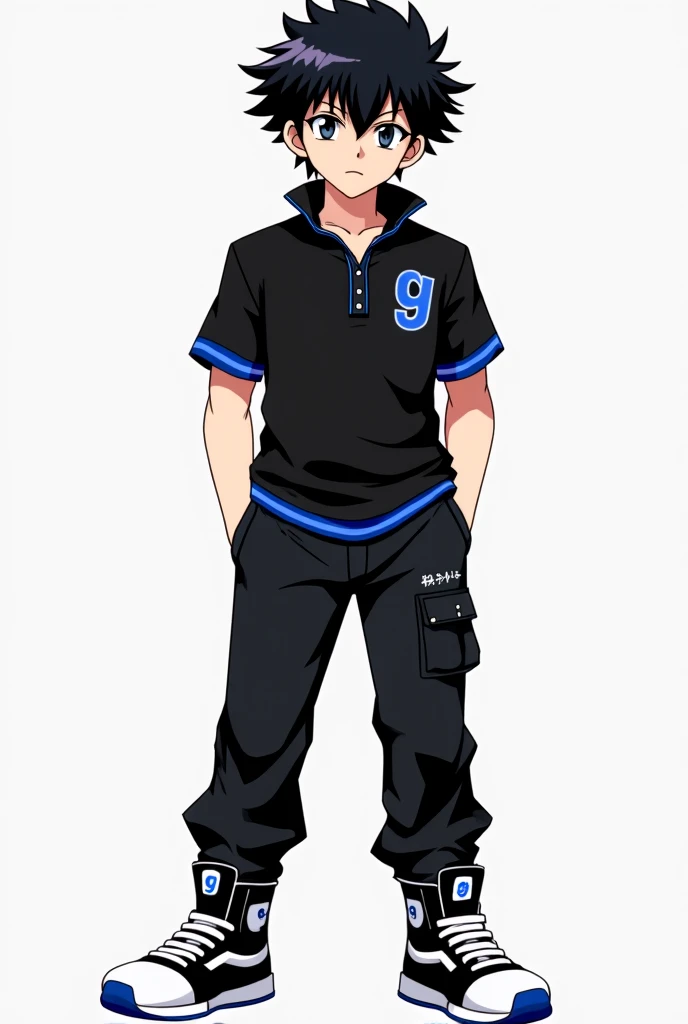  Tokyo Revengers style anime boy , with a cold expression on the face ,  with athletic body,  wavy black hair,  tight black polo sweater with short sleeves and blue edges and a "g"  small in blue on the right chest ,  black military-style pants and black a...