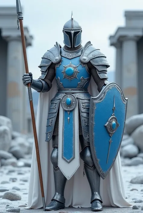 
Ouzo as a knight ( full body view with feet), with blue and white armor, which consists of individual plate elements and is coated with ice,  with a white cape, on the breastplate a large round blue shiny diamond, A round, small blue shield with small blu...