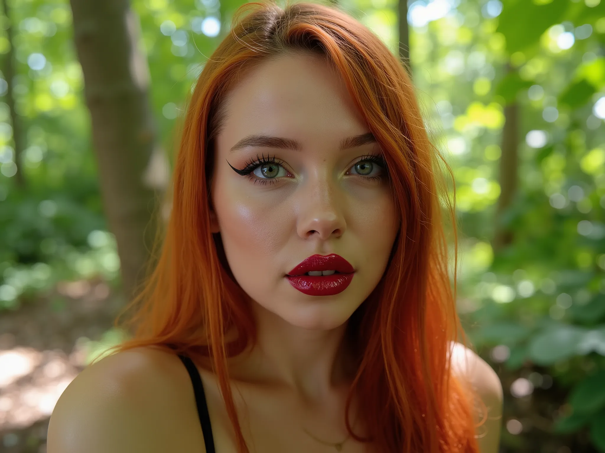 deep red lips, lip gloss, shiny lips, eyeliner flicks, thick eyeliner, latex outfit, cute makeup, red hair, green eyes, in a brightly lit forest,