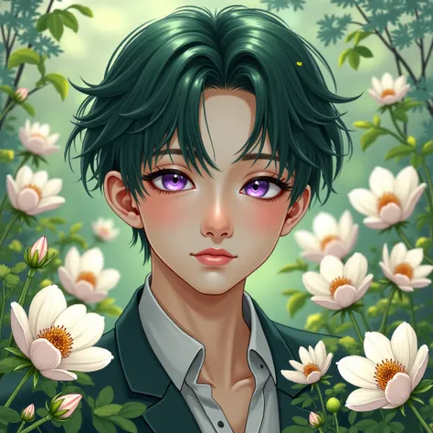 Young man with dark green hair， male，成年 male，handsome，Tall，Thin，Androgynous， Purple Pupils，Have bangs，There is a hint of seafloor in front of the forehead，The hair on both sides of the face is longer than the back of the head，Princess cut ，Hair with Should...