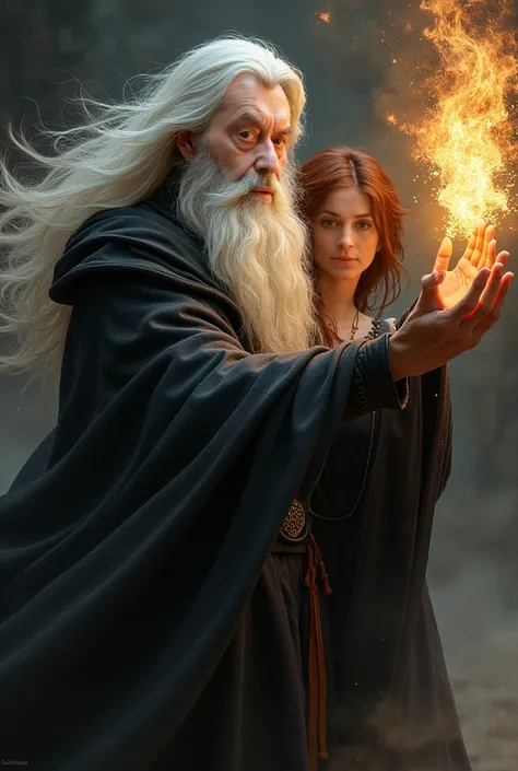 wizard men white hair,white long beard, flames in brown eyes,  black cloak, confident face, delicate detail. ultra details. highly detailed characters, dark atmospere ,with his young seductive redblond female apprentice, Action Poses, magic spell