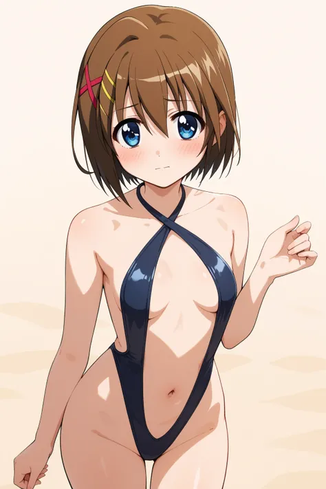 masterpiece,best quality,{{detailed beautiful face and eyes}}, very detailed background,
Hayate Yagami,{{{megami magazine}}},short hair,brown hair,hair ornament,x hair ornament,hair between eyes,blue eyes,small breasts,
((black swimsuit high leg swimsuit,s...