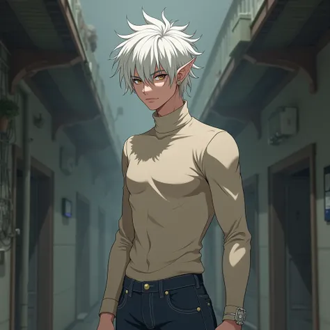 A demon in the body of a handsome elf man with white hair, an earring in his ear, wearing a beige turtleneck and jeans,  Anime style 