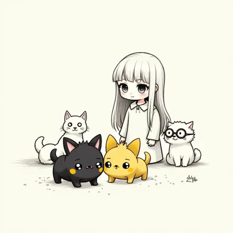 create a chibi drawing with 2 black and yellow dogs, a white cat and a girl with long hair without bangs and wearing round glasses. draw in pencil style