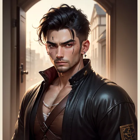 8k, masterpiece, best quality, realistic, higly detailed, 1male, solo, Kakucho, tokyo revengers, tall, 30 years old man, natural black hair fashioned in a buzz cut, prominent scar running from the back of his skull to the leftmost side of his face that sli...