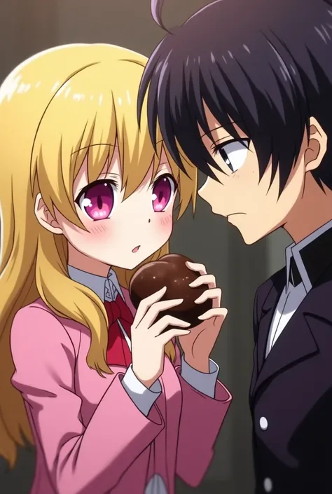 Cute female character from the anime with blond hair on wavy shoulders and pink eyes with fringes and pink clothes giving chocolate to a serious male character, Cold Lelouch Lamperoug with black hair and purple eyes, Looking at her seriously