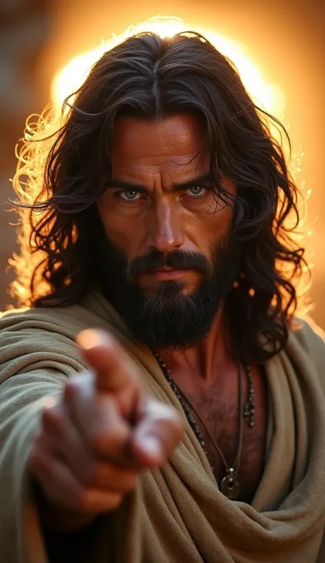 "A highly detailed, cinematic portrait of a man resembling Jesus Christ. He has long, wavy, dark hair that appears slightly damp, with strands naturally falling over his forehead. His thick, full beard matches his hair color. His intense, piercing blue eye...