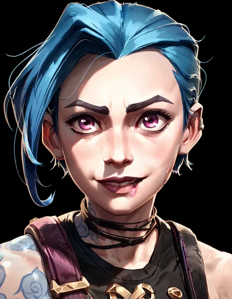 one woman, jinx from league of legends, (purple eyes:1.2), (grey skin:1.2), short hair, blue hair, (face close up:1.3), (black background, clear background:1.5), (studio lights, deep shadows:1.3), (happy face:1.2)