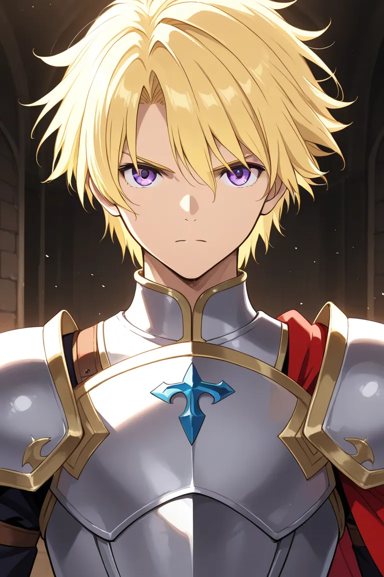  Boy, short hair blond hair Straight , purple eyes wearing Fantasy  (high quality)Serious look Light novel style 