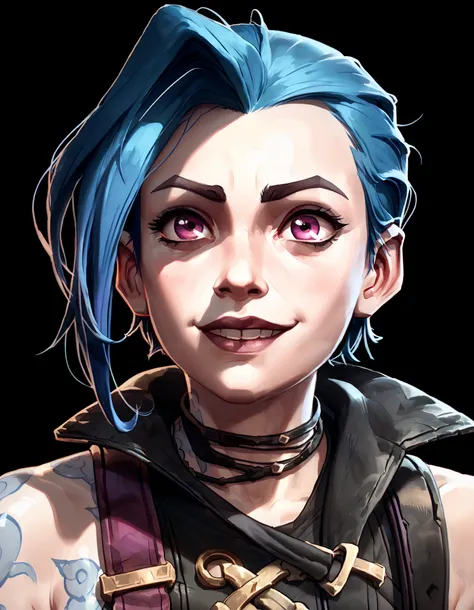 one woman, jinx from league of legends, (purple eyes:1.2), (grey skin:1.2), short hair, blue hair, (face close up:1.3), (black background, clear background:1.5), (studio lights, deep shadows:1.3), (happy face:1.2)