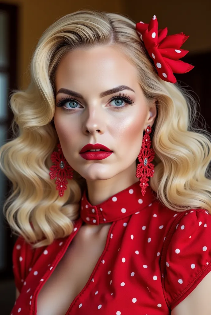 Ultra-realistic, high-fashion close-up portrait of a stunning blonde woman with voluminous, cascading curls. Her platinum blonde hair is styled in dramatic, perfectly sculpted waves, evoking a glamorous, retro Hollywood aesthetic. A large red bow with whit...